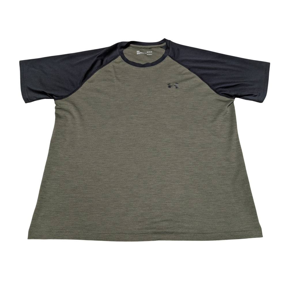 Under Armour T-Shirt Men Large Green HeatGear Raglan Athletic Loose Fit Gym Top